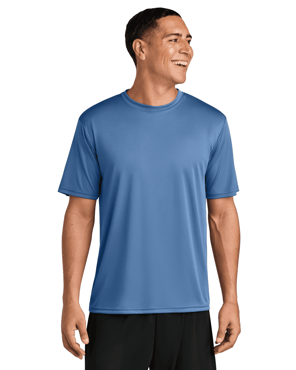 Man wearing a plain blue t-shirt with black pants.