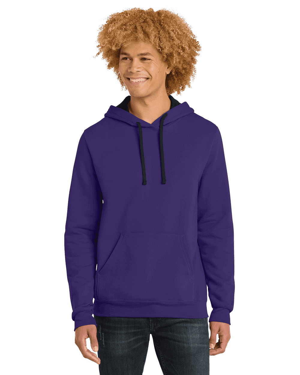 Young man wearing a purple hoodie with black drawstrings.